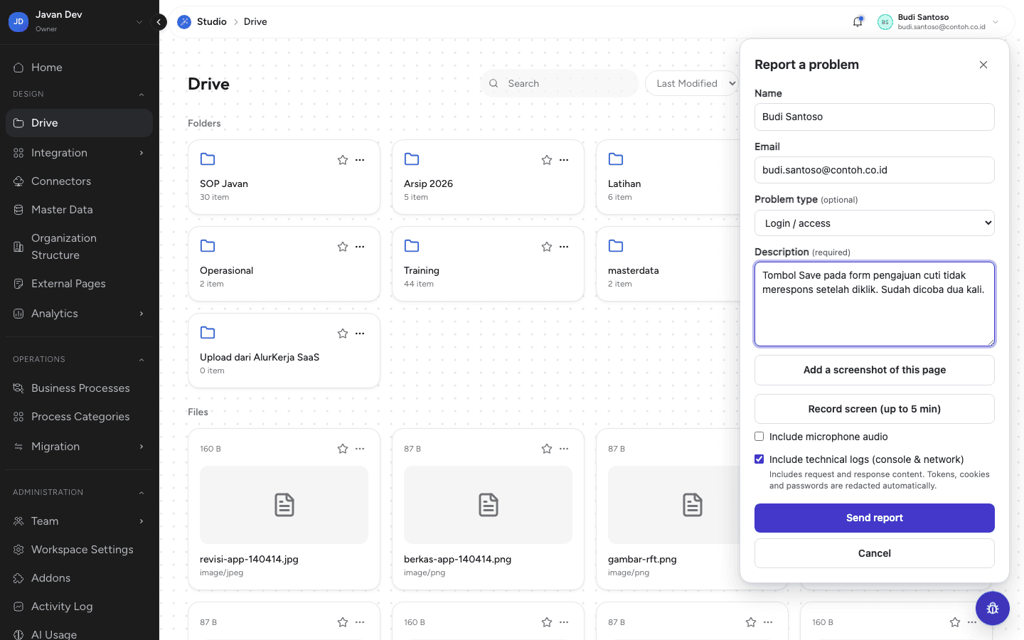 Panel Report a problem dengan nama, email, jenis masalah, dan deskripsi
