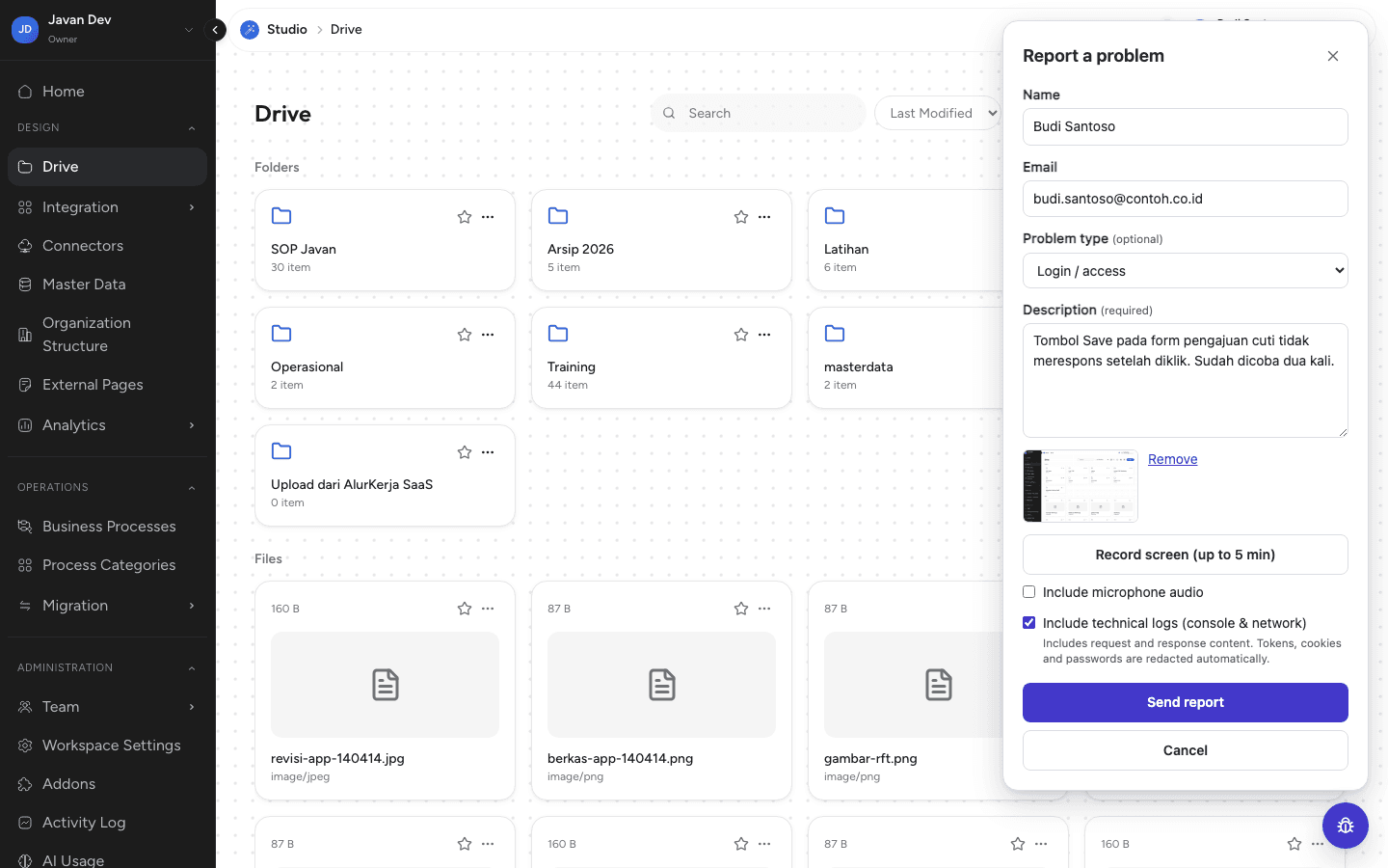 Pratinjau screenshot halaman di panel laporan