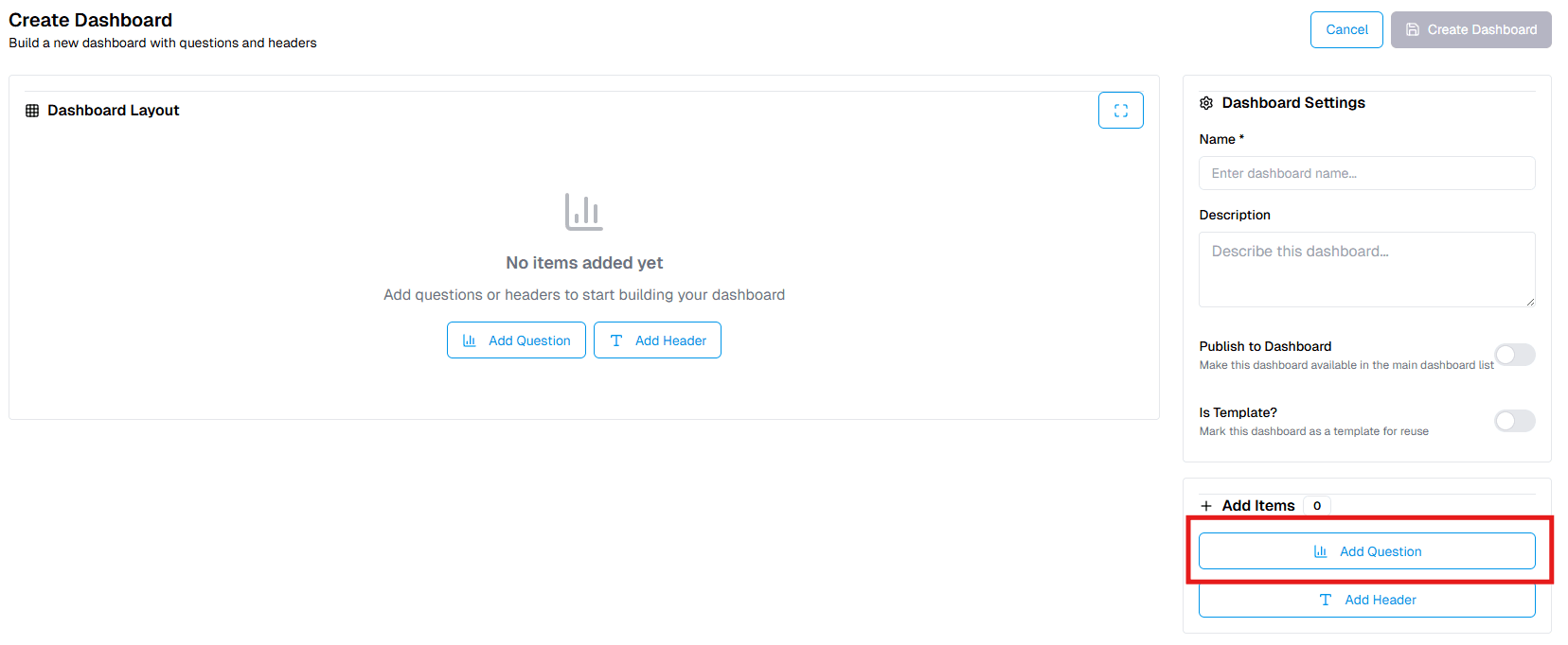 Add Question to Dashboard OnPremise