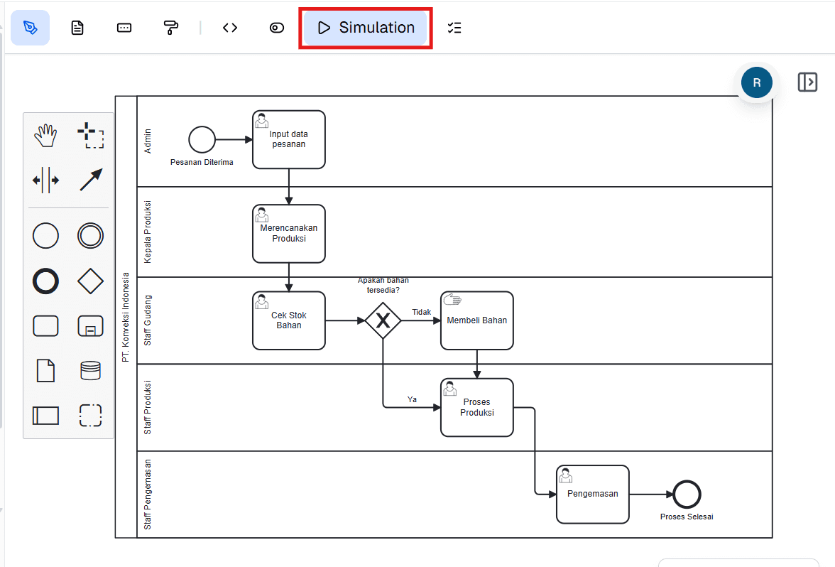Ikon Simulation dalam BPMN Editor