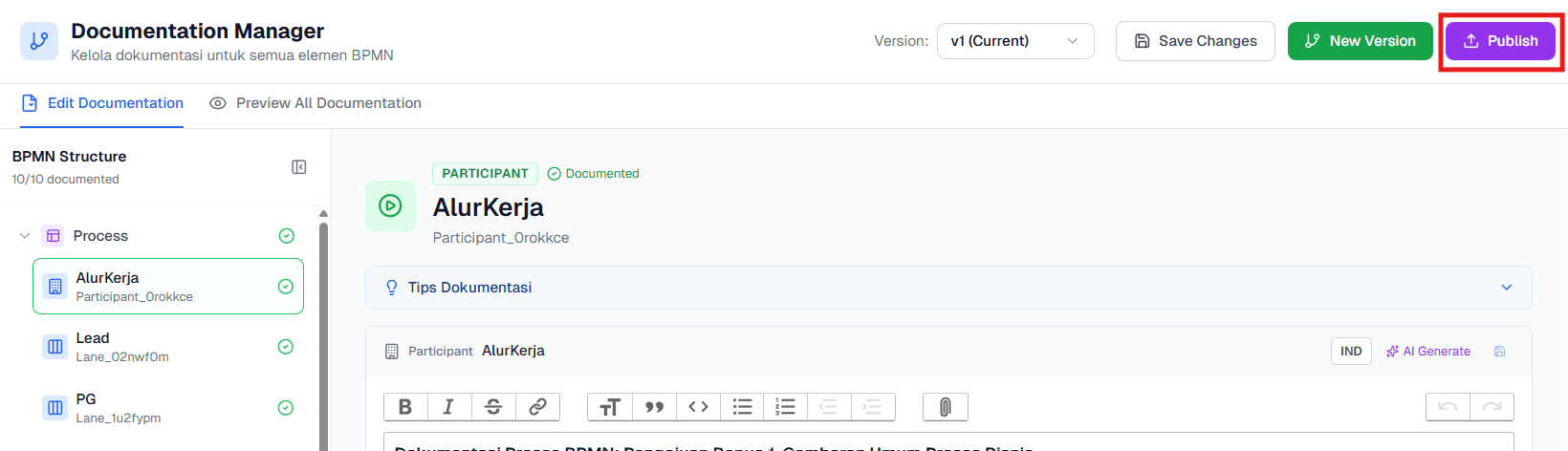Publish Documentation BPMN