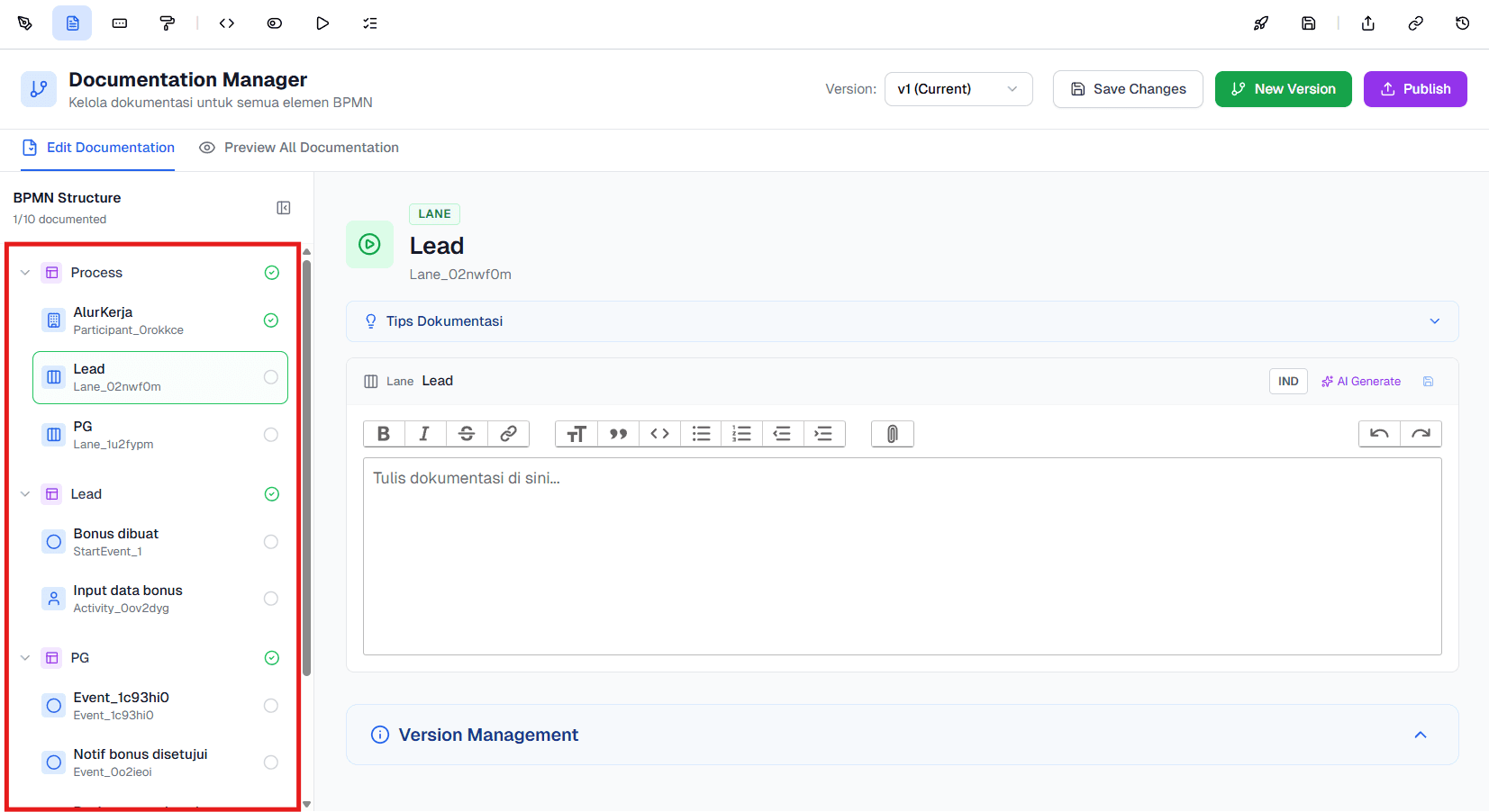 Edit Activity Documentation BPMN