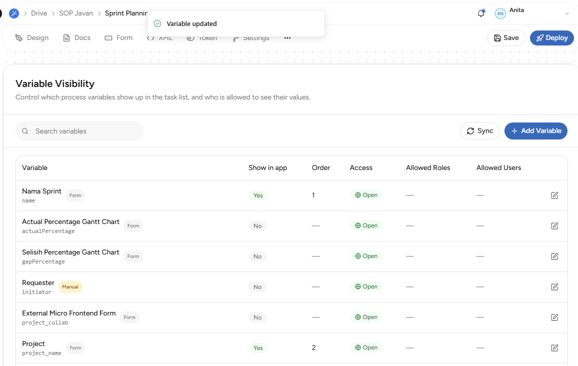 Daftar variable yang ditampilkan di App
