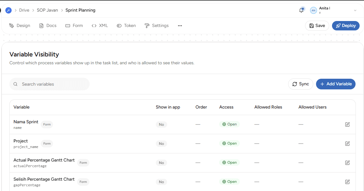 Hasil Sync variable pada Variable Visibility