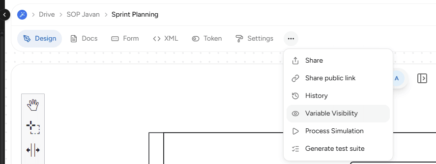 Menu Variable Visibility pada BPMN Editor