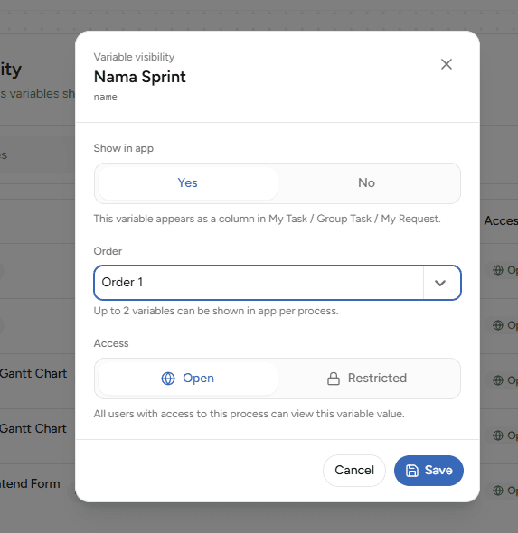 Modal pengaturan Variable Visibility