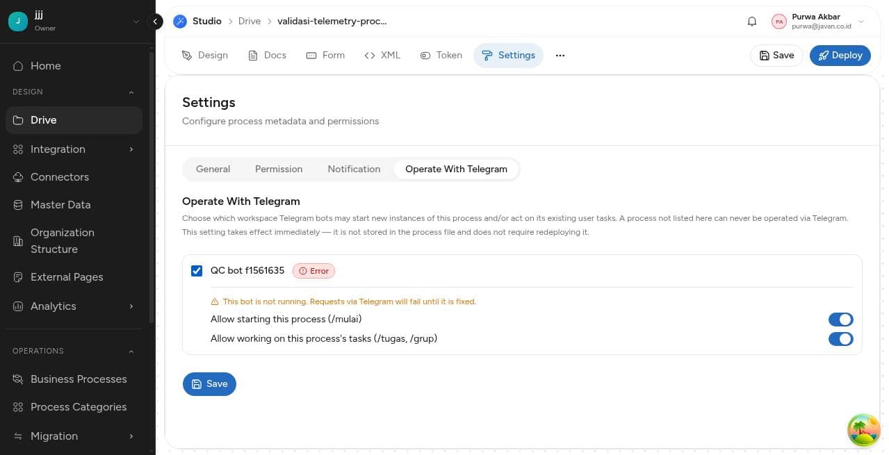 Tab Operate With Telegram: daftar tab Settings, daftar bot dengan badge status, dan dua switch allow start / allow task