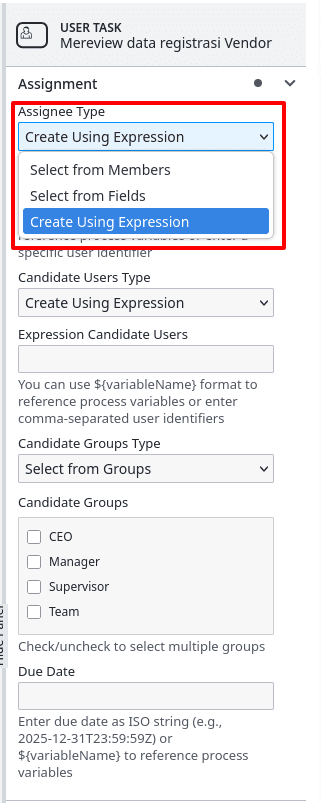 BPMN Assignment Detail User Type