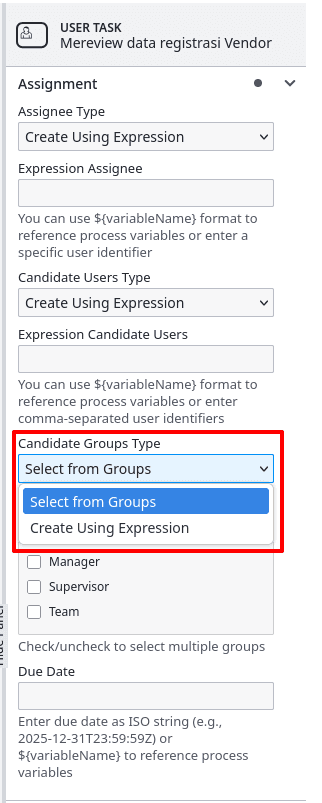 BPMN Assignment Detail Candidate Group Type