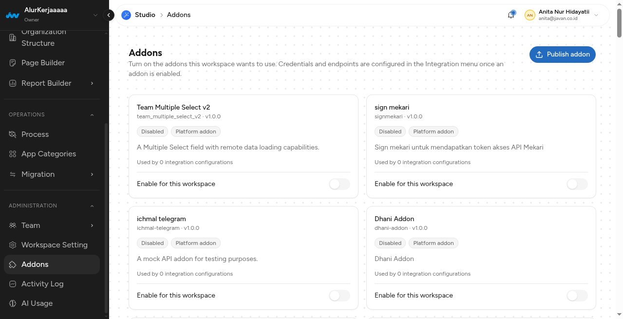 Menu Addons pada grup ADMINISTRATION di sidebar Studio, dengan halaman katalog Addons terbuka