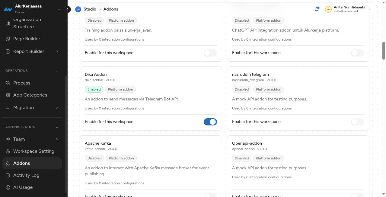 Katalog addon menampilkan kartu berstatus Enabled dan Disabled berdampingan