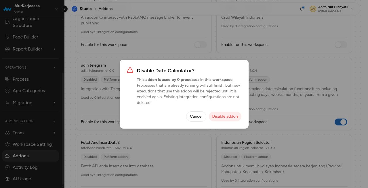 Dialog konfirmasi Disable Date Calculator yang menjelaskan perilaku soft-block