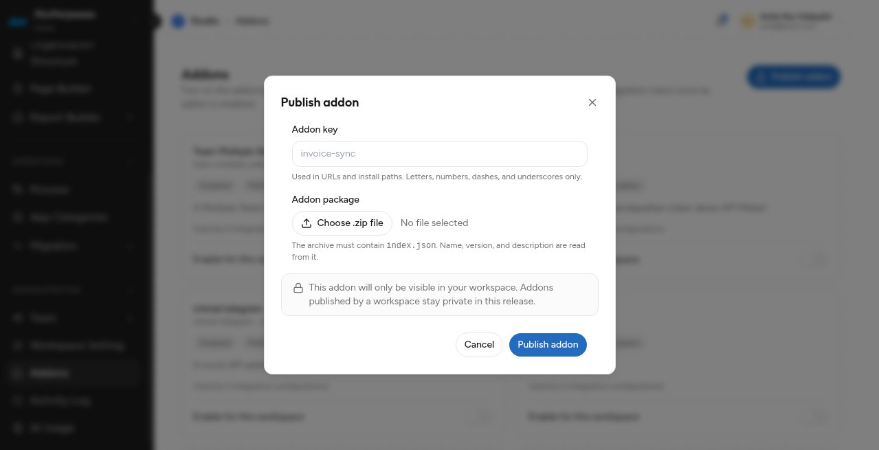 Dialog Publish addon dengan kolom Addon key, pemilih file zip, dan catatan bahwa addon tetap privat