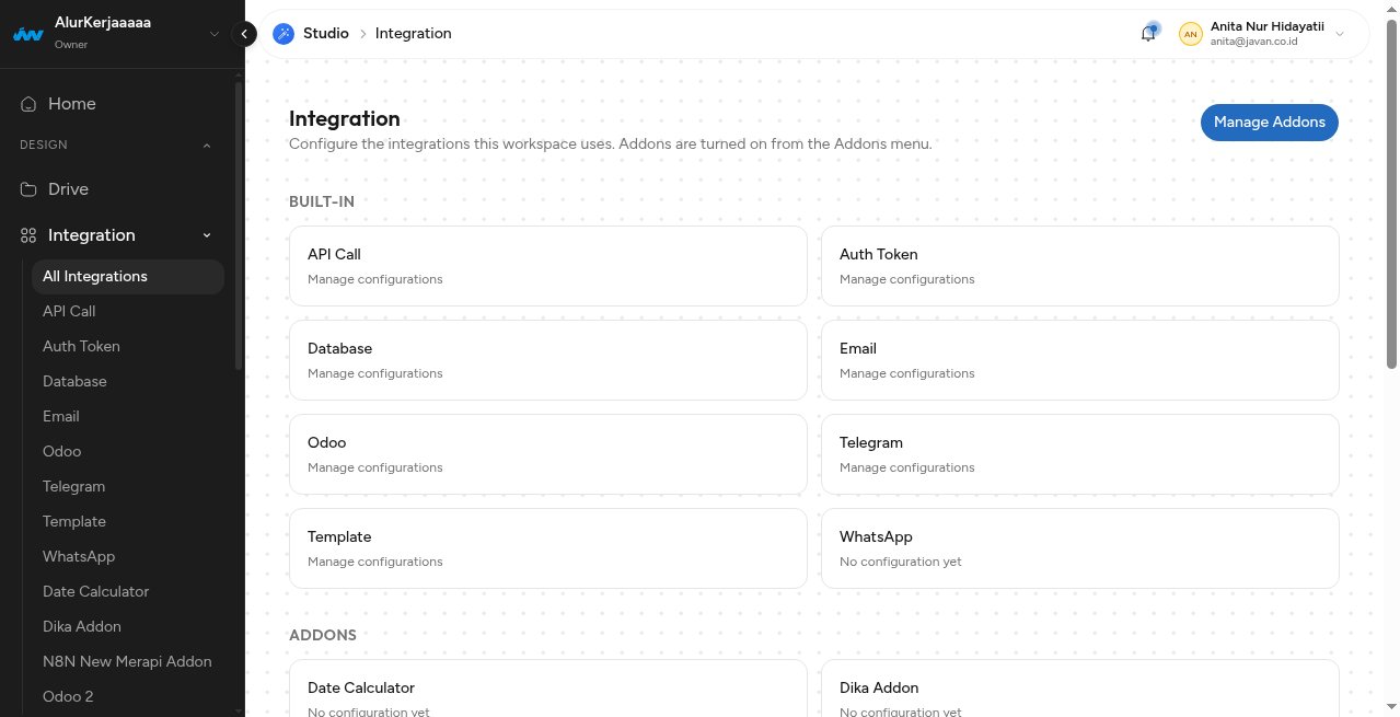 Halaman Integration dengan seksi BUILT-IN dan ADDONS, serta tombol Manage Addons