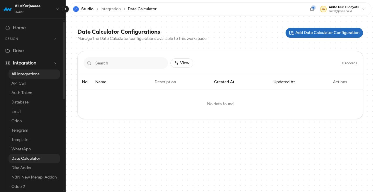 Halaman konfigurasi Date Calculator di menu Integration, masih kosong tanpa konfigurasi