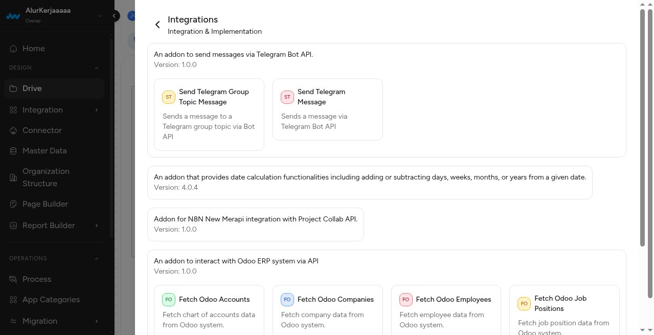 Picker Add Integration di editor BPMN, hanya menampilkan addon yang berstatus enabled beserta action-nya