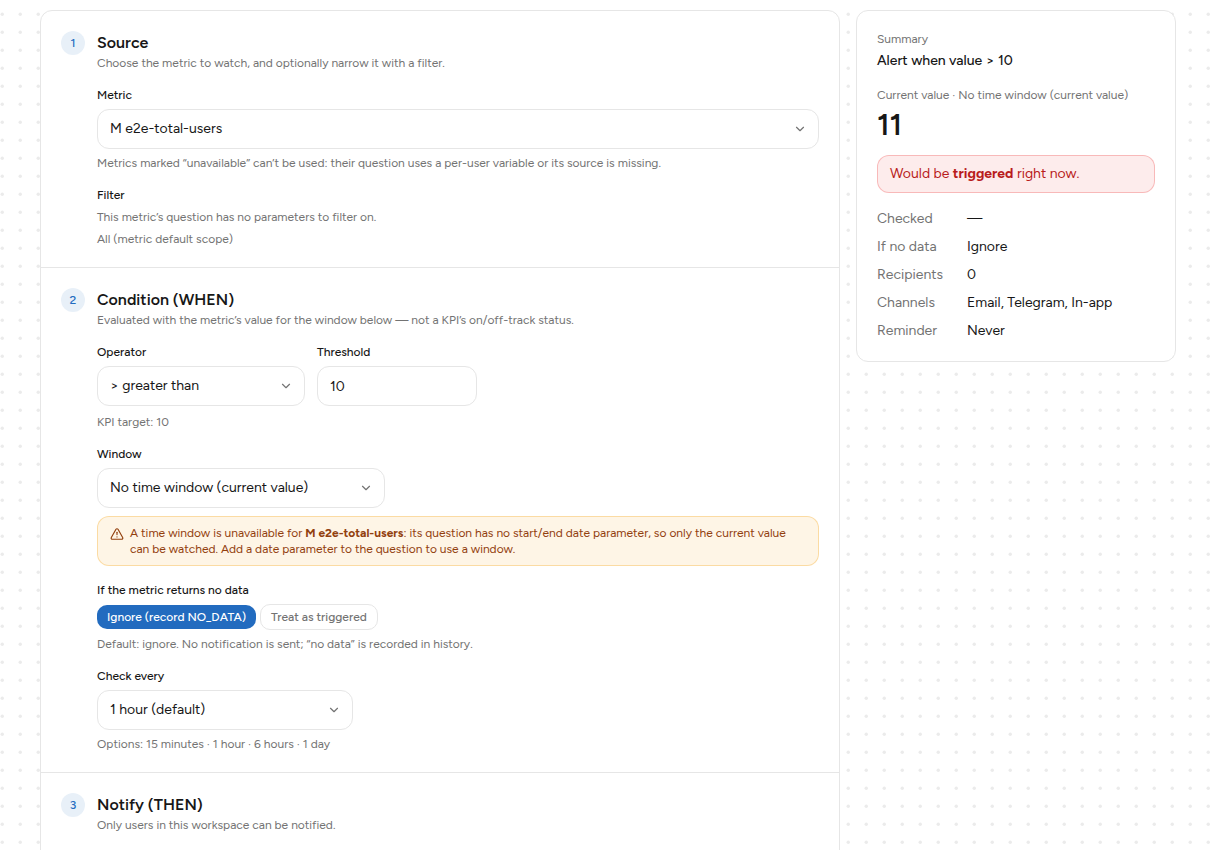 Formulir New alert bagian Source dan Condition, dengan panel Summary di kanan