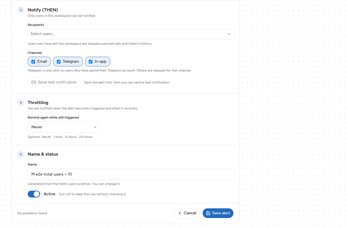 Formulir New alert bagian Notify, Throttling, dan Name and status