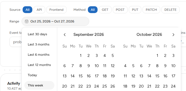 Pemilih rentang tanggal dengan preset Last 30 days sampai This year