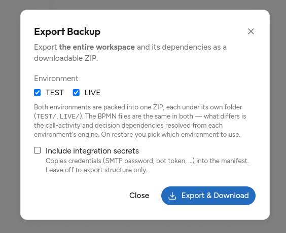 Modal Export Backup dengan dua environment tercentang