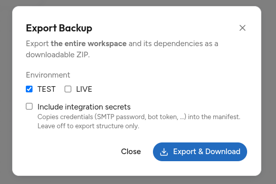 Modal Export Backup dengan satu environment
