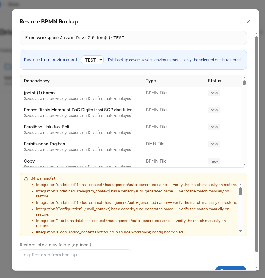 Tahap preview restore beserta tabel dependensi dan daftar warning