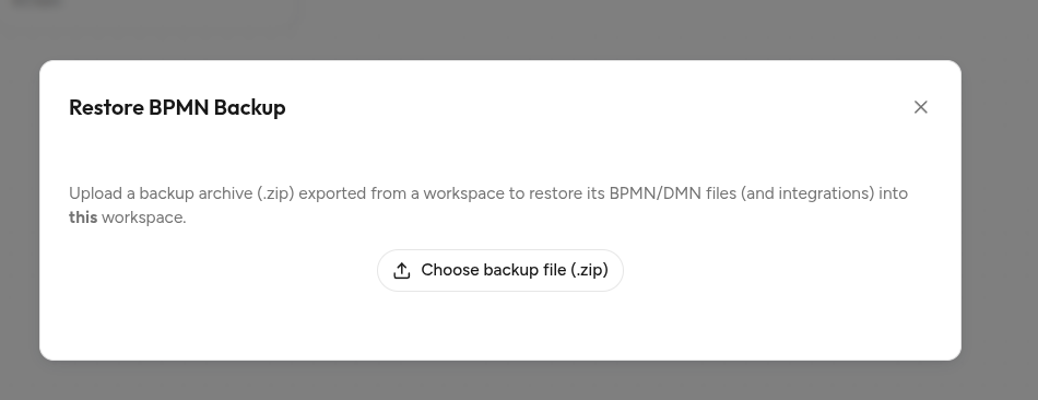 Modal Restore BPMN Backup pada tahap unggah