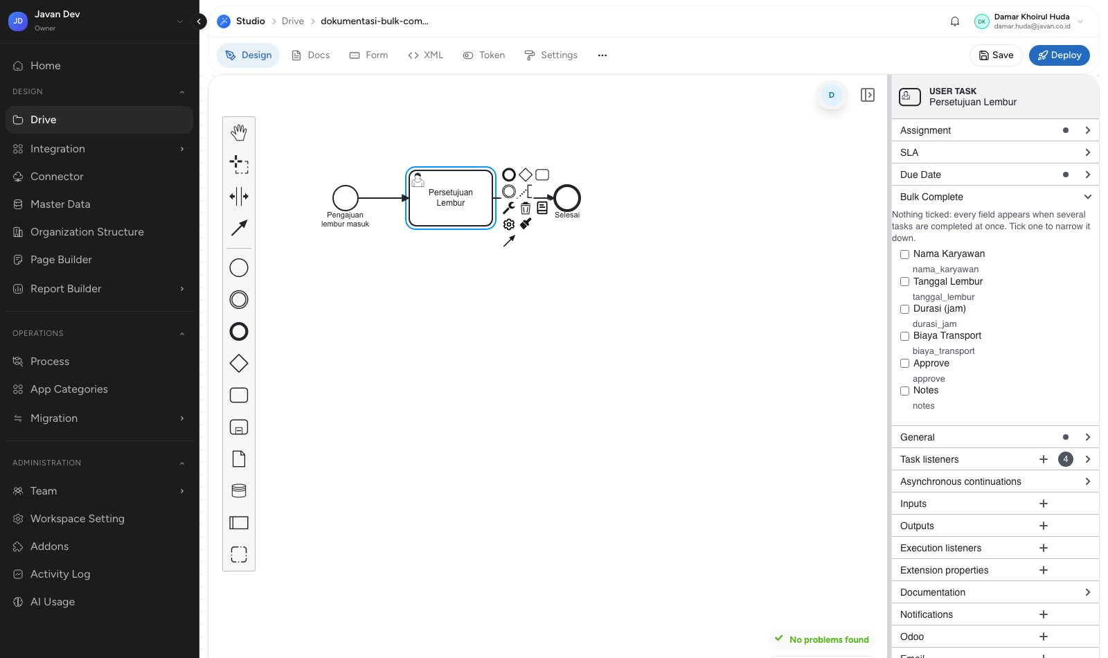Panel Bulk Complete pada User Task dengan enam field form dan belum ada yang dicentang