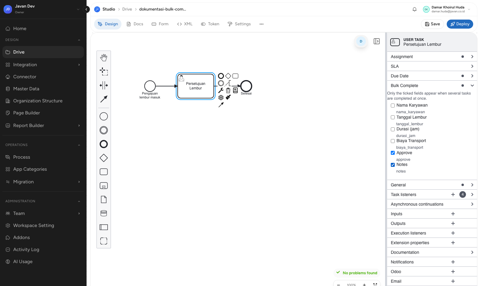 Panel Bulk Complete dengan field Approve dan Notes dicentang
