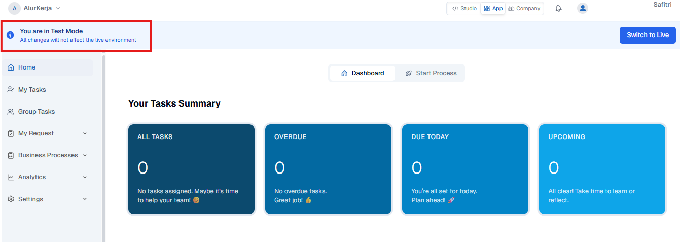 Notification Workspaces In Test Mode