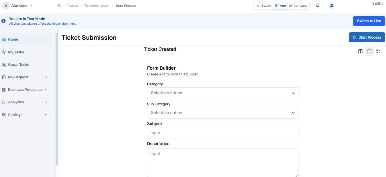 Start Process Testing Mode