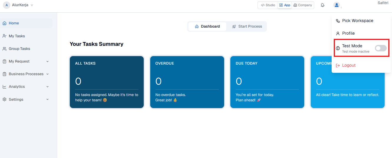 Workspaces In Test Mode