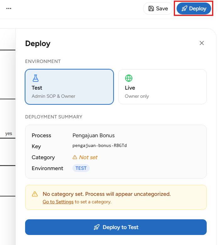 Deploy BPMN dengan informasi kategori