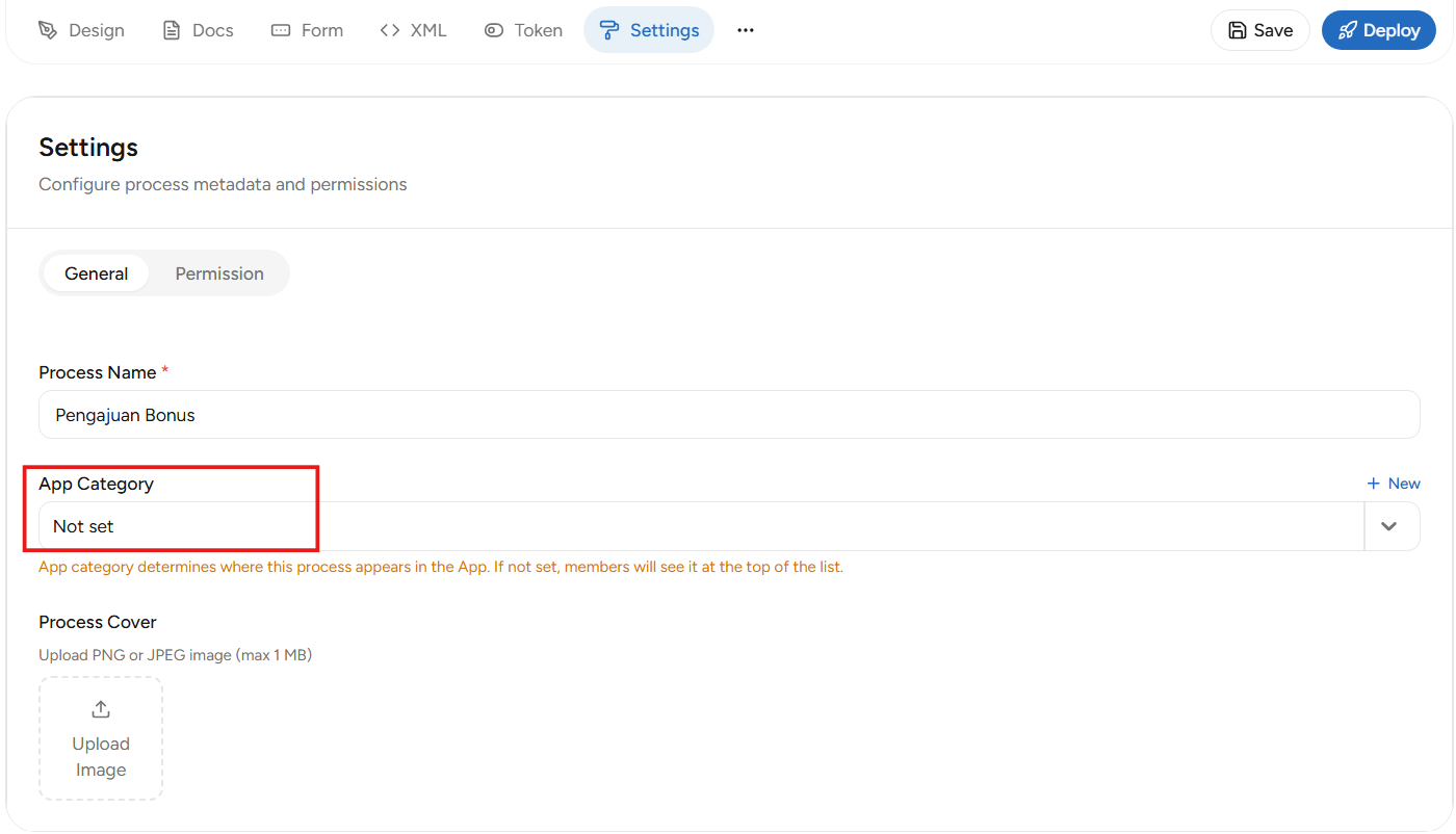 Tab Settings pada BPMN Editor