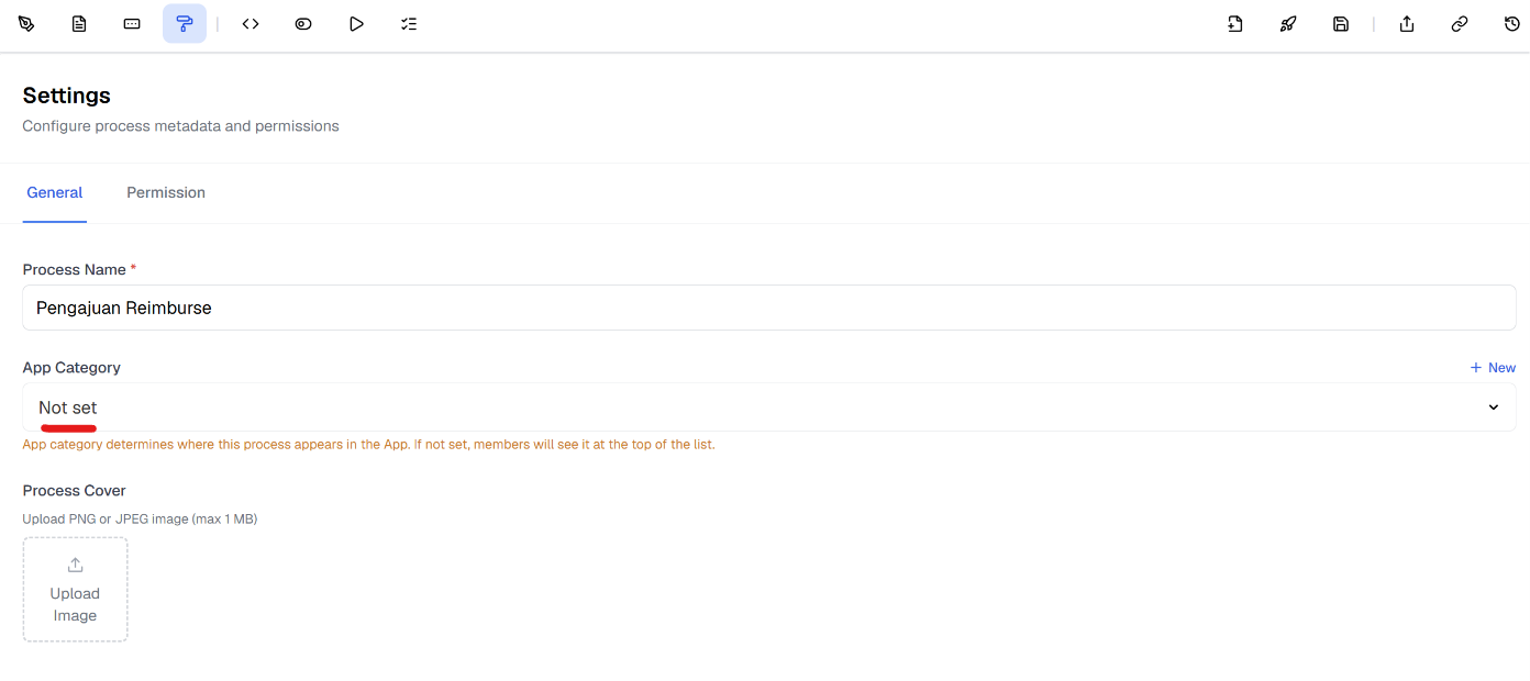 Tab Settings pada BPMN Editor