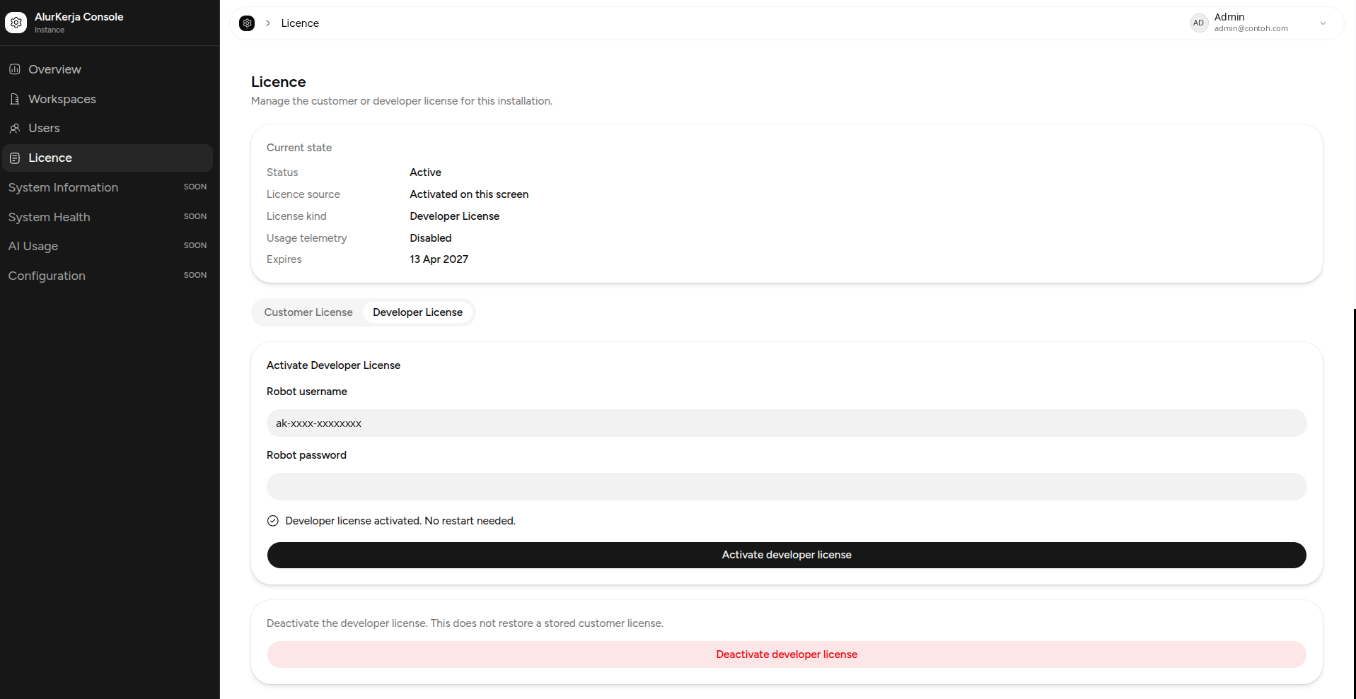 Developer License aktif di menu License