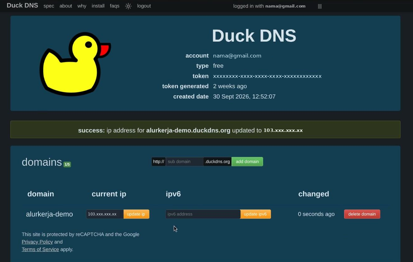 Halaman DuckDNS: kolom sub domain dan tombol add domain, serta kolom current ip dan tombol update ip di daftar domain