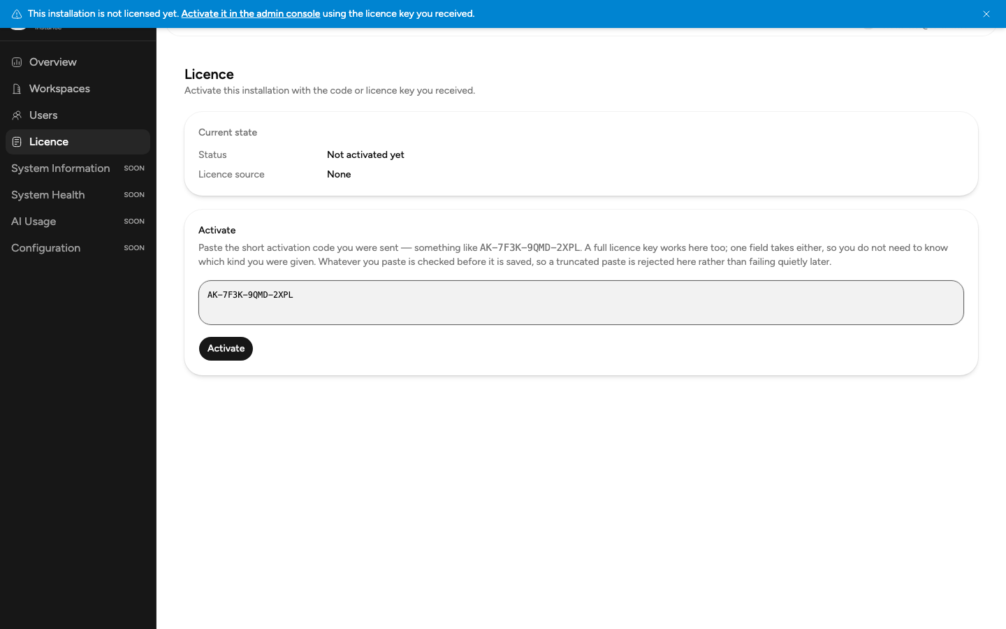 Menu Licence dengan kode aktivasi yang sudah ditempel