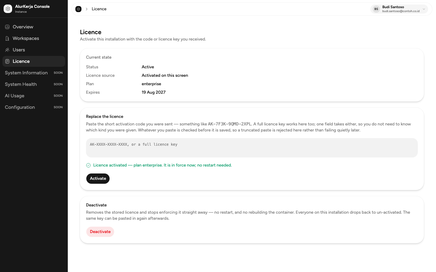 Pesan Licence activated dan status Active