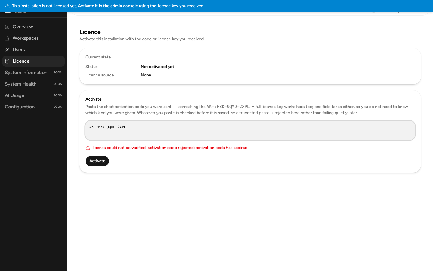 Pesan merah activation code has expired