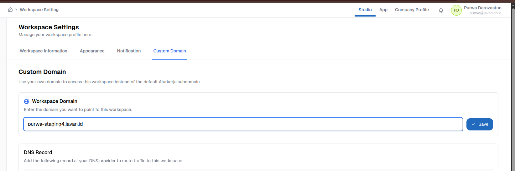 Tab Custom Domain pada Workspace Settings