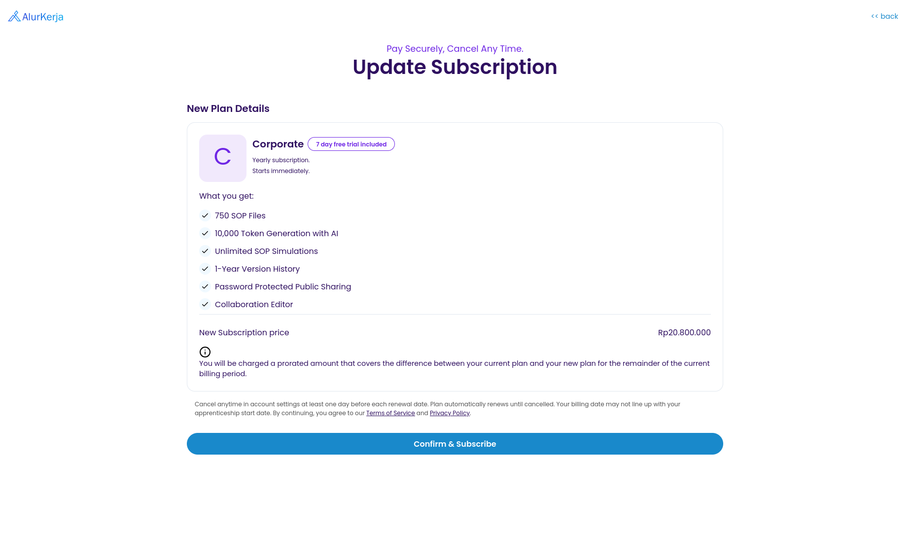 Halaman Confirm & Subscription