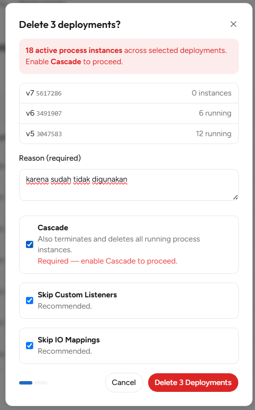 Dialog Delete N deployments