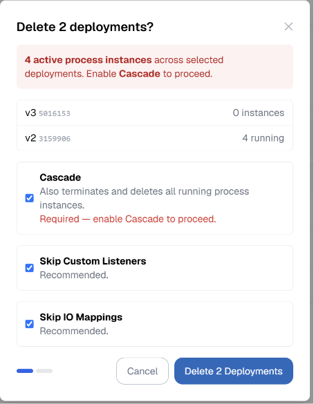 Dialog Delete N deployments
