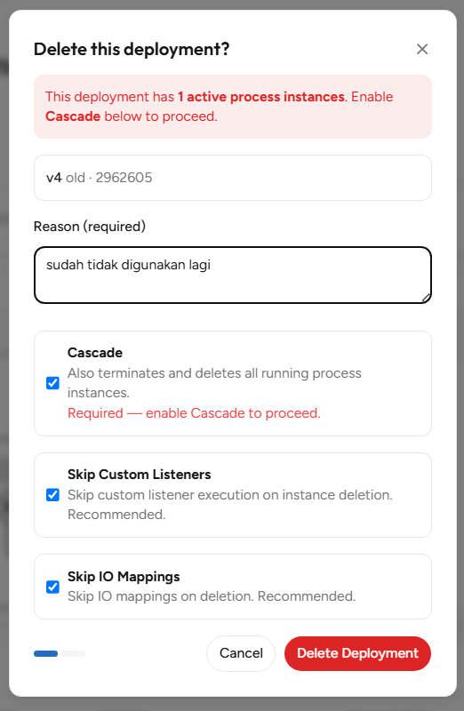 Dialog Delete this deployment