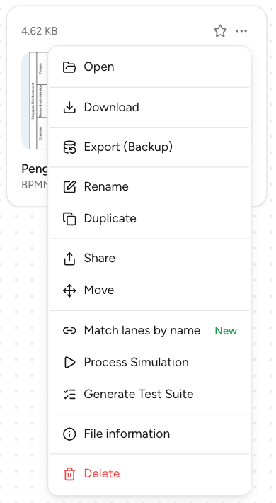 Menu titik tiga file BPMN di Drive dengan Delete di paling bawah