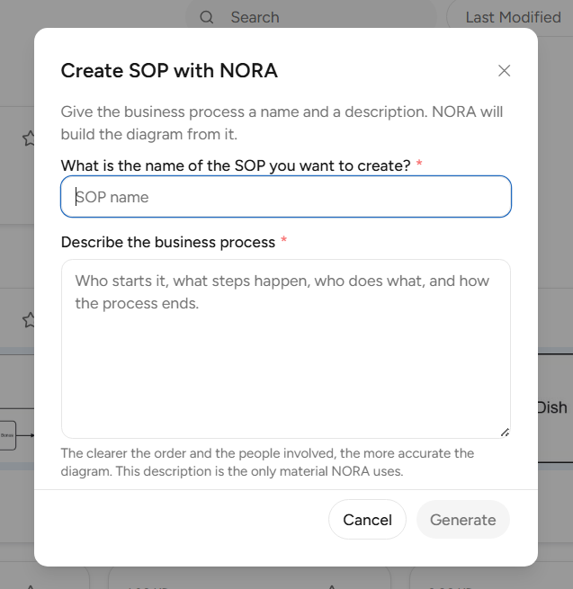 Pop up Create SOP with NORA