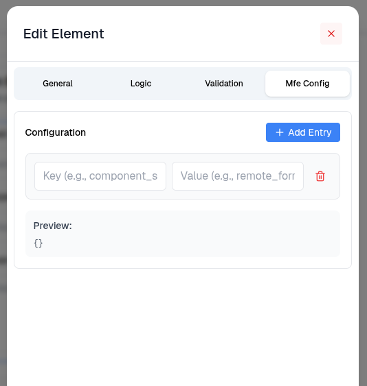 Tab Mfe Config pada Edit Element — pengisian key/value additional_mfe_config beserta preview JSON