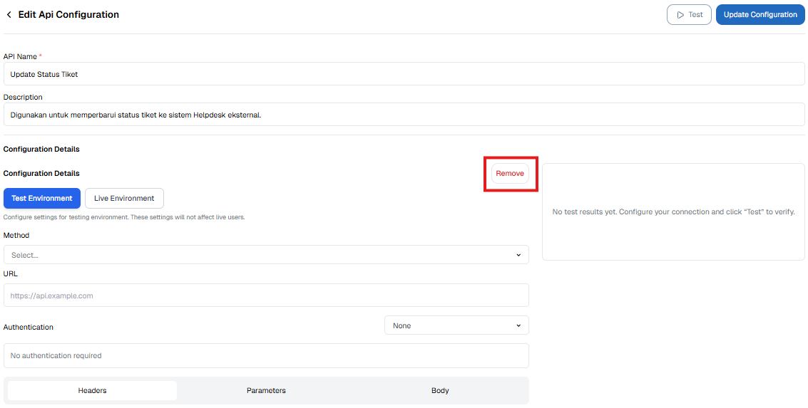 Tombol Remove Konfigurasi API Call