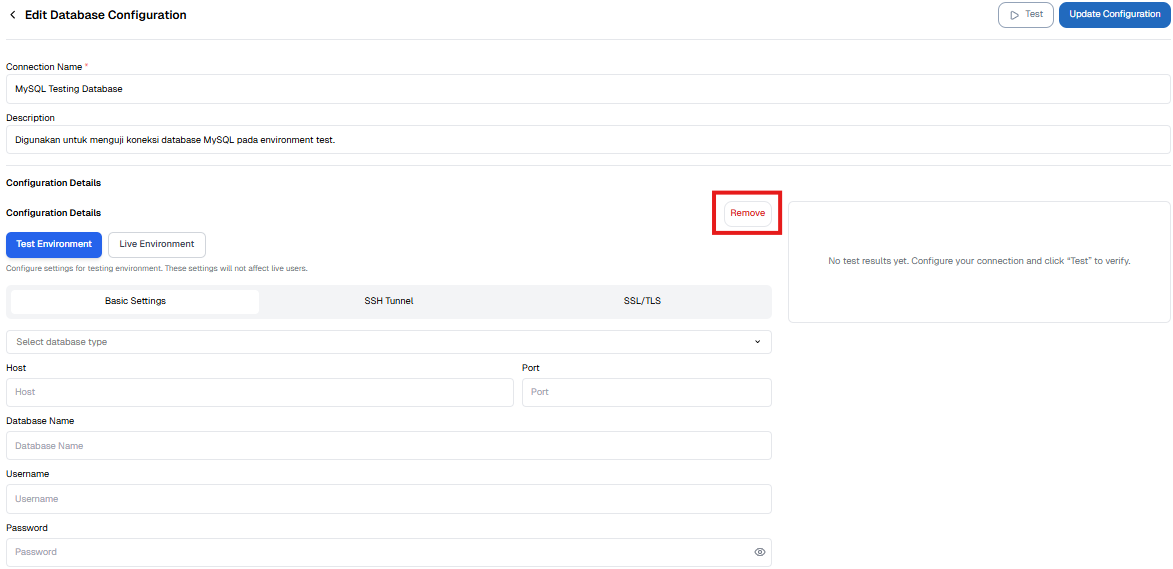 Tombol Remove Konfigurasi Database
